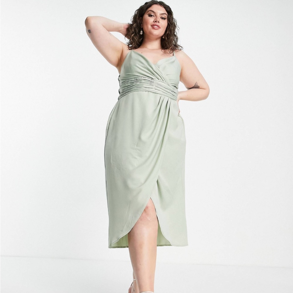 Little Mistress Bridesmaid Plus satin wrap dress in sage green size 16